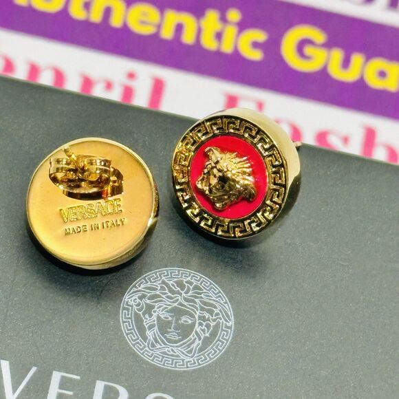 NIB Versace Icon Medusa Greca Stud Earrings Gold Tone Red Engraved Unisex $475 - Picture 8 of 9